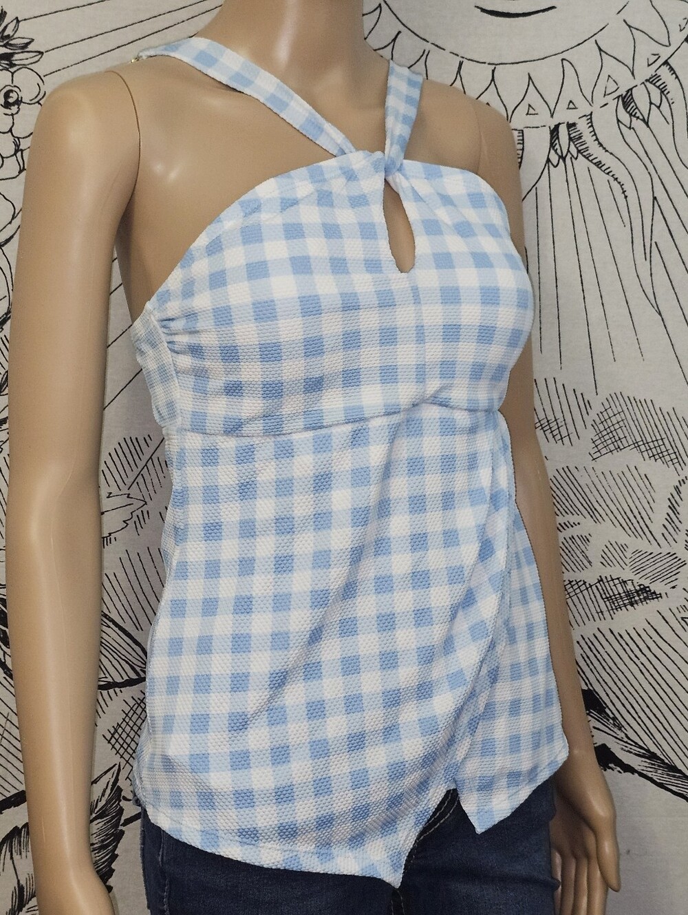 NWT Crown & Ivy Small Blue Gingham Twist-Strap Women's Swim Tank Top